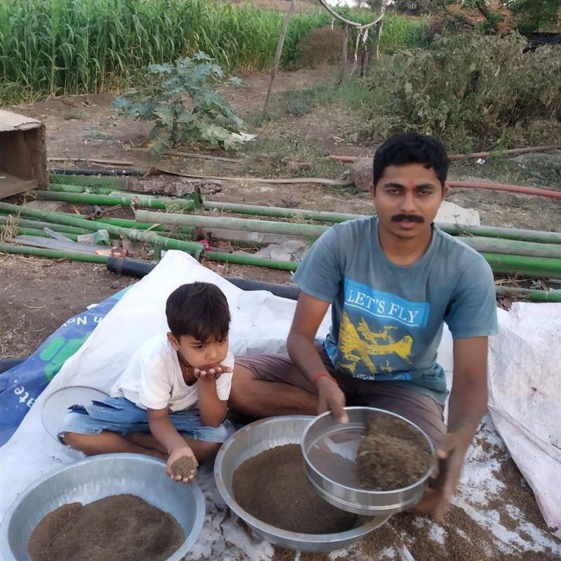 Family sieving and processing dried herbs by hand at Nisarg Organic Farm