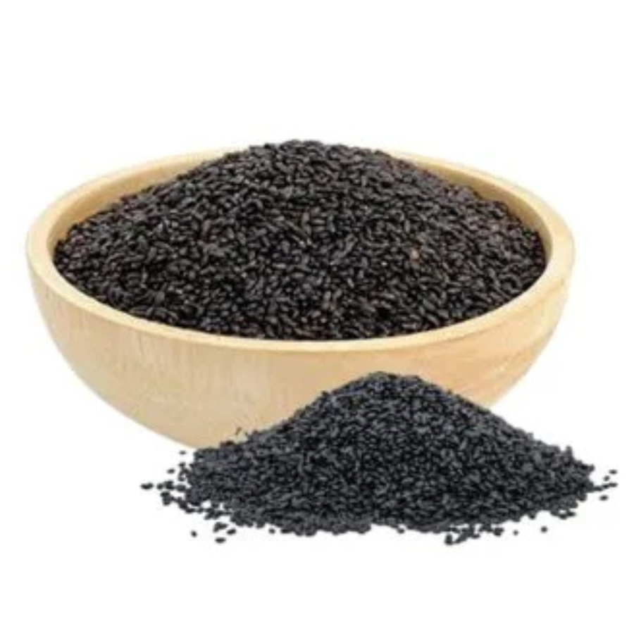Black sabja (basil) seeds in a wooden bowl