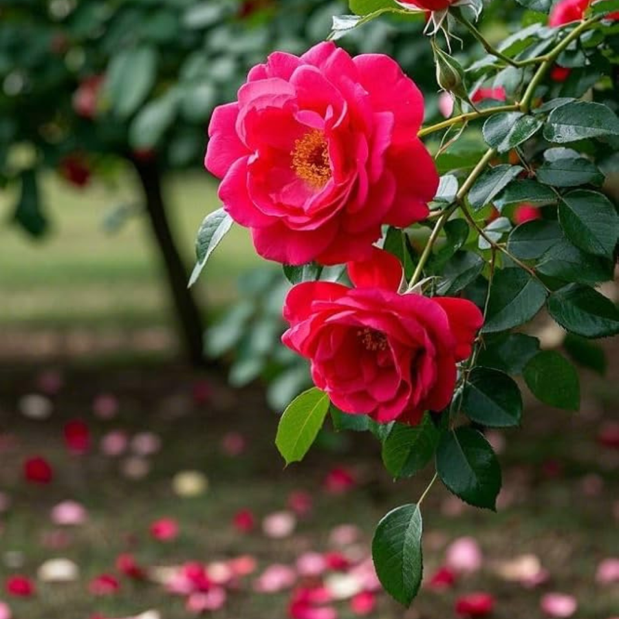 Red roses growing on the plant at Nisarg Organic Farm