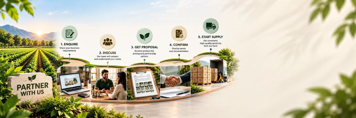 Partner with Nisarg Organic Farm: enquire, discuss, get a proposal, confirm and start supply