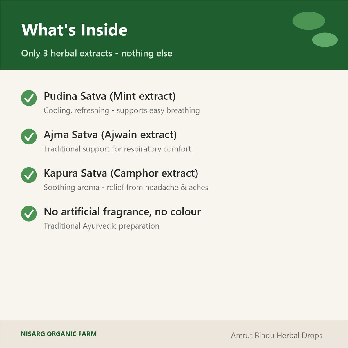 Amrut Bindu ingredients – pudina satva, ajma satva, kapura satva