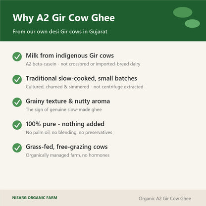 Why A2 Gir cow ghee – indigenous Gir cows, slow-cooked bilona, no blending