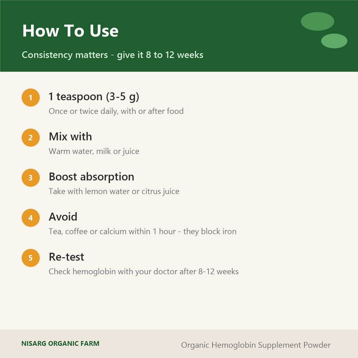 How to use hemoglobin powder – 1 tsp daily, with lemon water, avoid tea