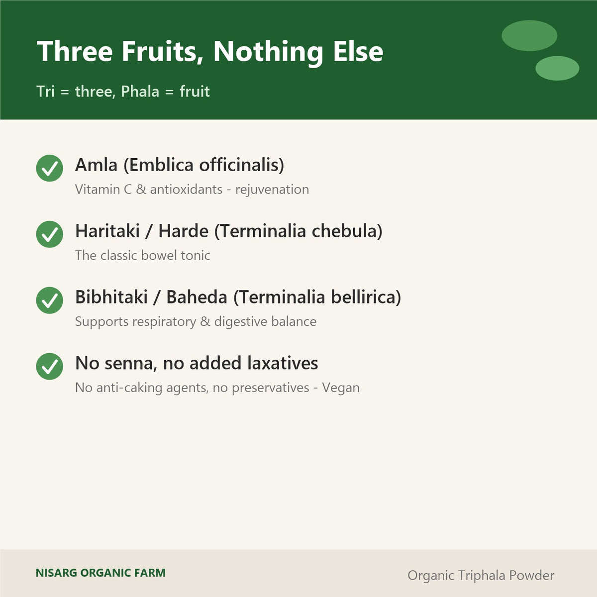 Triphala ingredients – amla, haritaki, bibhitaki, nothing else